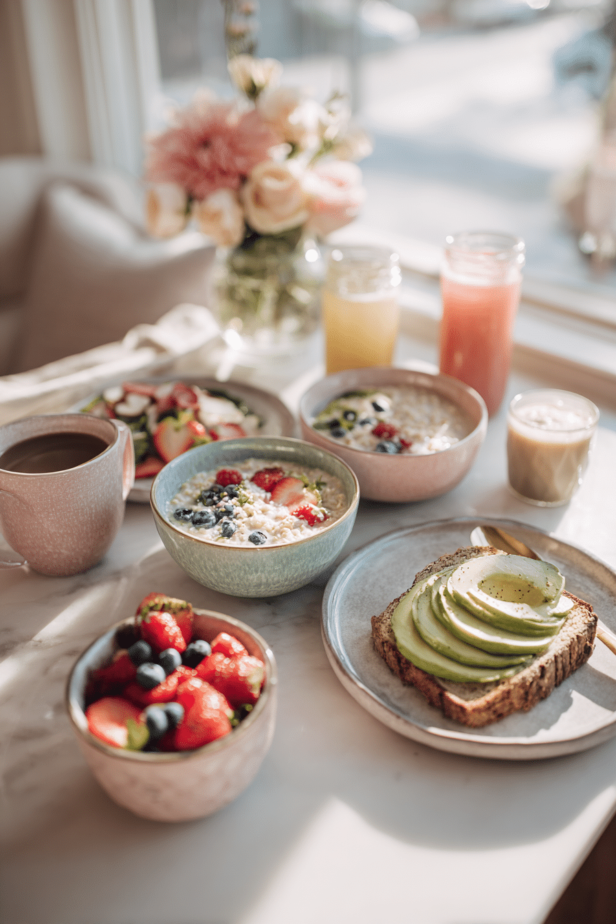Bright, cozy breakfast table with oatmeal bowls