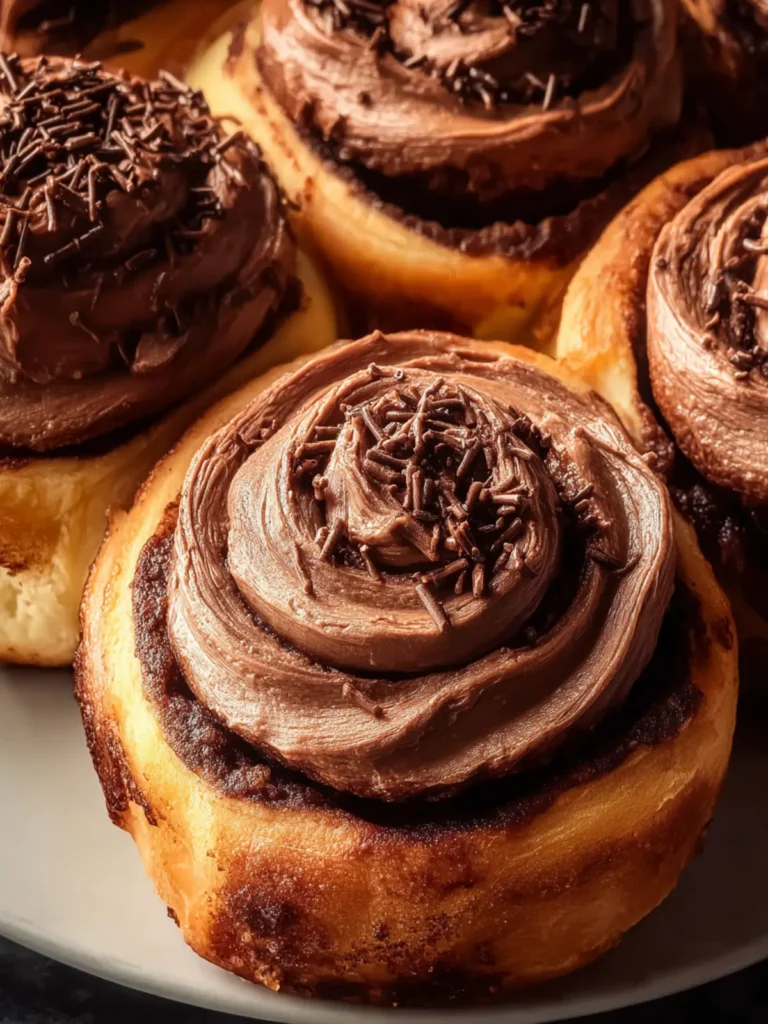 Chocolate cinnamon rolls with chocolate cream cheese frosting First Image