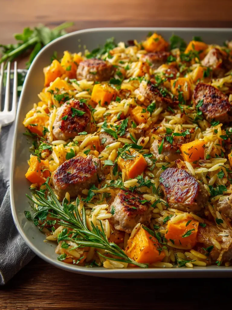 Easy Chicken Sausage Orzo Butternut Sheet Pan Dinner First Image