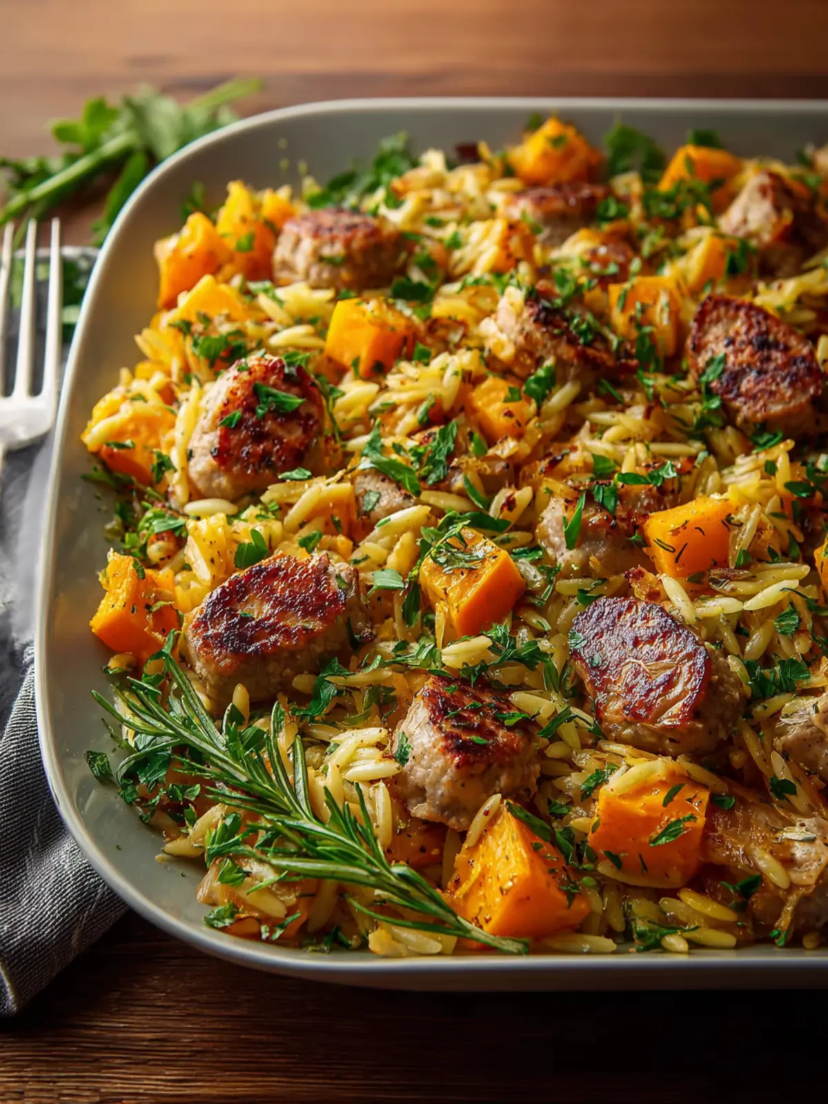 Easy Chicken Sausage Orzo Butternut Sheet Pan Dinner First Image